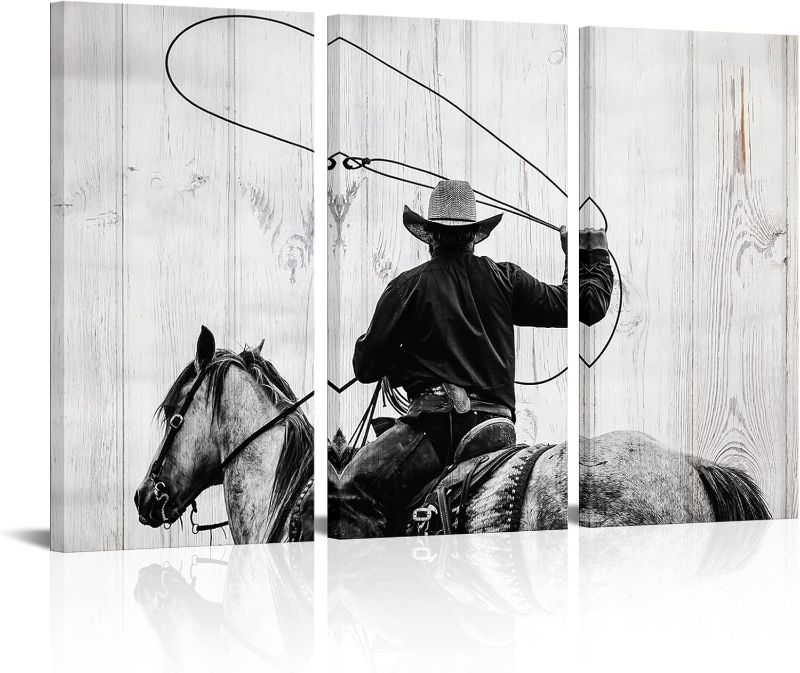 Photo 1 of Saypeacher Cowboy Canvas Wall Art Western Painting Decor Cowboy Ride Horse Farm Western Pictures Retro American Cowboy Wall Art Prints (16x32inx3pcs)

