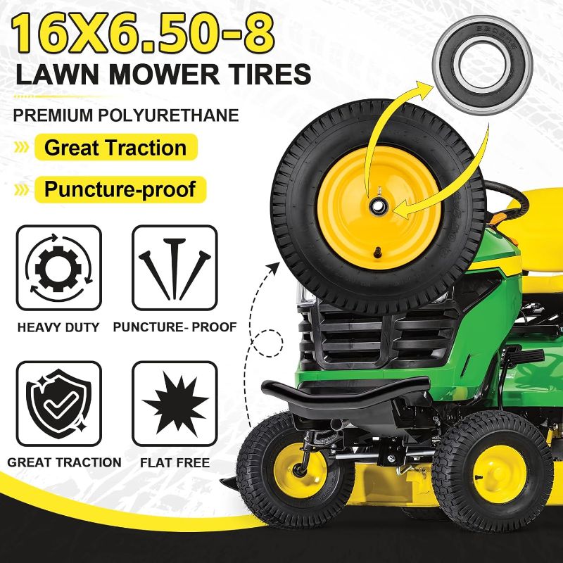 Photo 1 of 16x6.50-8 Tubeless Tire and Wheel, 16x6.5-8 Lawn Mower Tires With 3" Offset Hub and 3/4" & 5/8" Precision Bearings &1" Bushings, Replacement for Riding Mower and Garden Tractor Front Wheel
