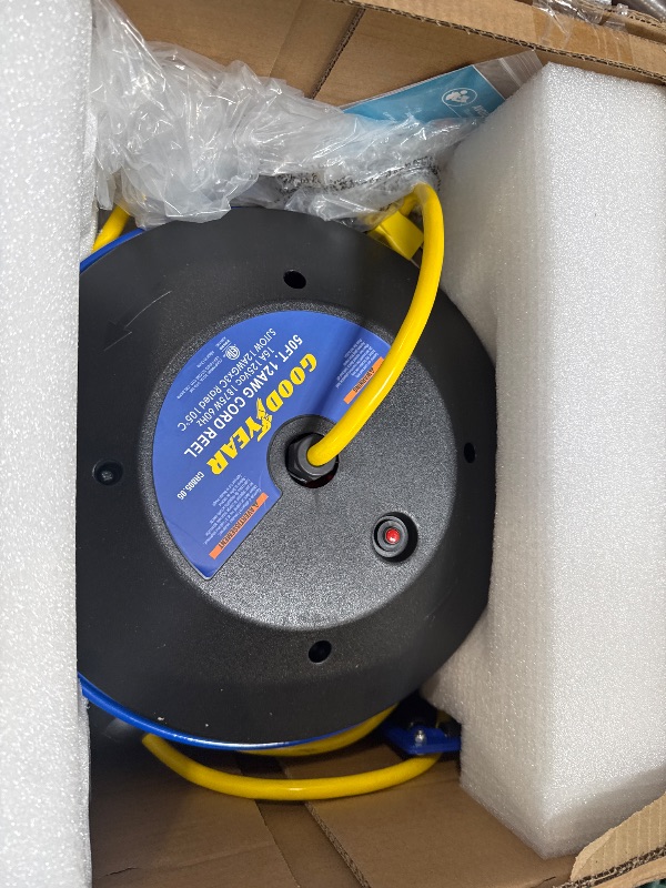 Photo 1 of Goodyear Extension Cord Reel Retractable 12AWG x 50' Feet 3C SJTOW Cable Triple Tap Connector Power Rating 125 Volt AC 13 Amp 1625 Watt Industrial Steel Single Arm
