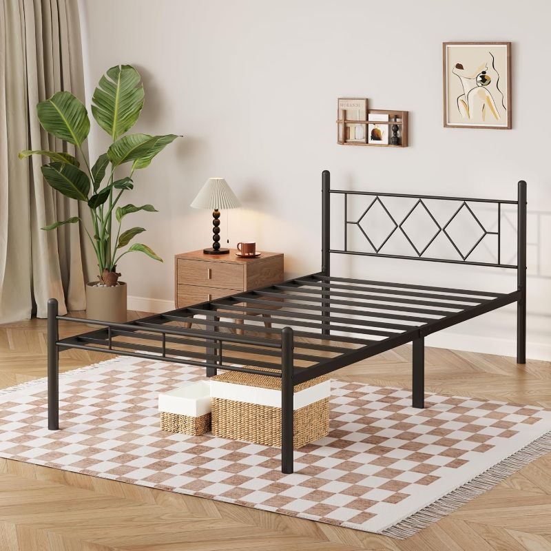 Photo 1 of umiareboth 14 Inch Twin Size Bed Frame No Box Spring Needed,Heavy Duty Metal Platform with headboard and Footboard, Noise Free, Sturdy Steel Slat Support, Easy Assembly(Black and Rhombus)