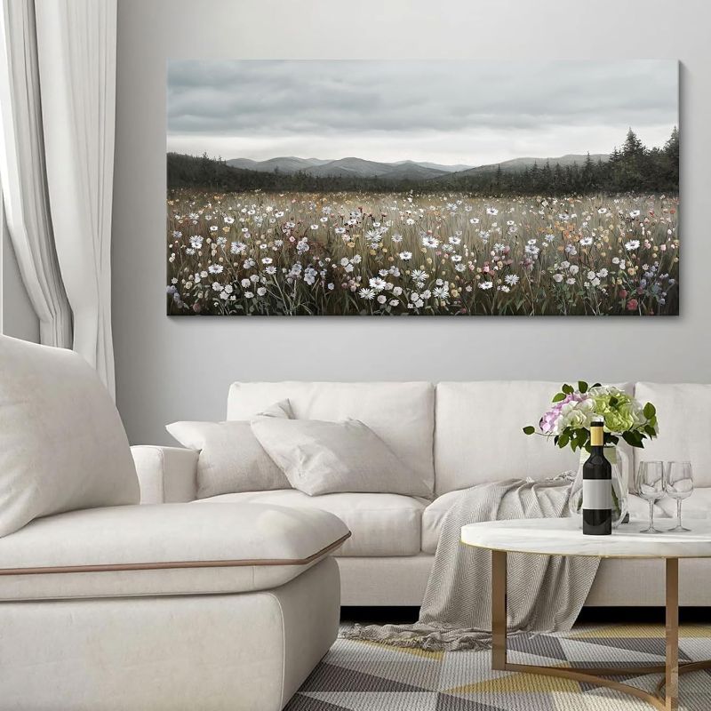 Photo 1 of HGUAOA Vintage Landscape Wall Art for Bedroom and Living Room - Large Floral Artworks Farmhouse Wall Decor - Framed Neutral Nature Pictures - Above Bed Decor with Mountain Scenery 24×48IN
