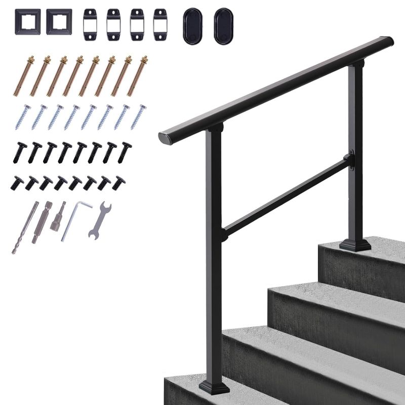 Photo 1 of Carbon Steel Handrail for Outdoor 4 Steps, 54" L x 39" H, Upgraded Exterior Decking Railing for Porch, Deck, Easy to Install for Concrete/Brick/Wood, Screw Kit Included #LYFS04BK-US
