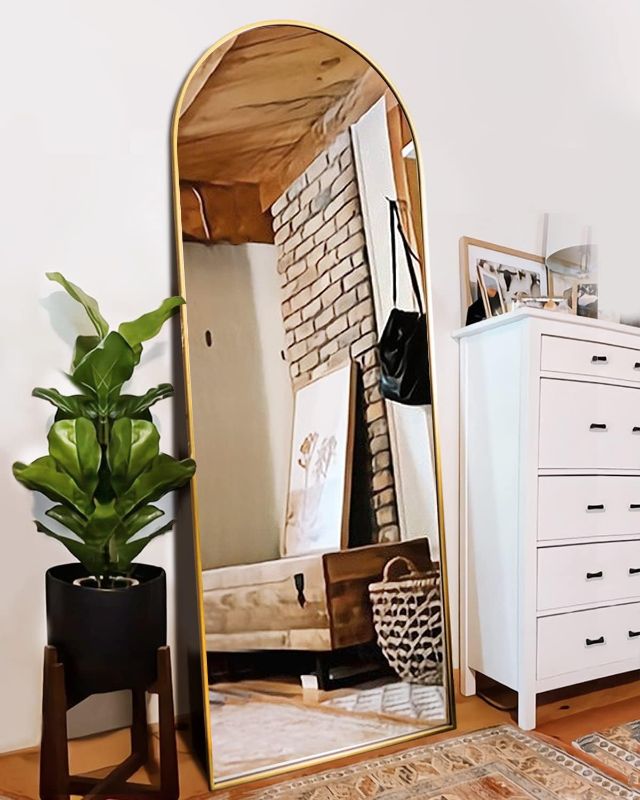 Photo 1 of Floor Mirror, Full Length Mirror with Stand, Arched Wall Mirror, Gold Floor Mirror Freestanding, Wall Mounted Mirror for Bedroom Living Room, Gold
