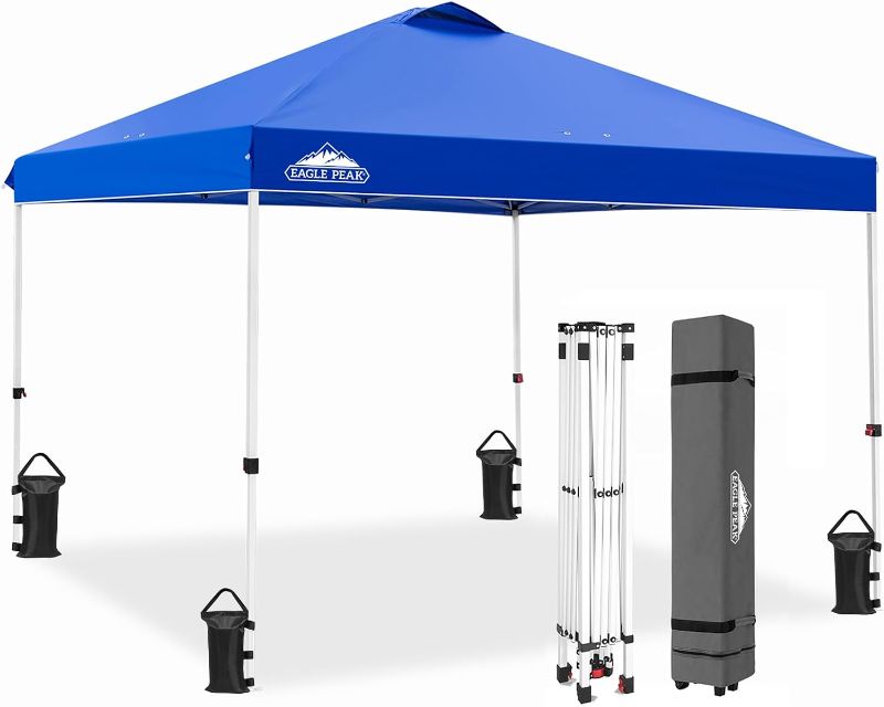 Photo 1 of EAGLE PEAK Pop Up Canopy Tent with Wheeled Carry Bag, 8 Stakes, 4 Ropes, 4 Weight Bags, Easy Set Up Tent Canopy, 10x10 ft, 100sqft of Shade, Blue
