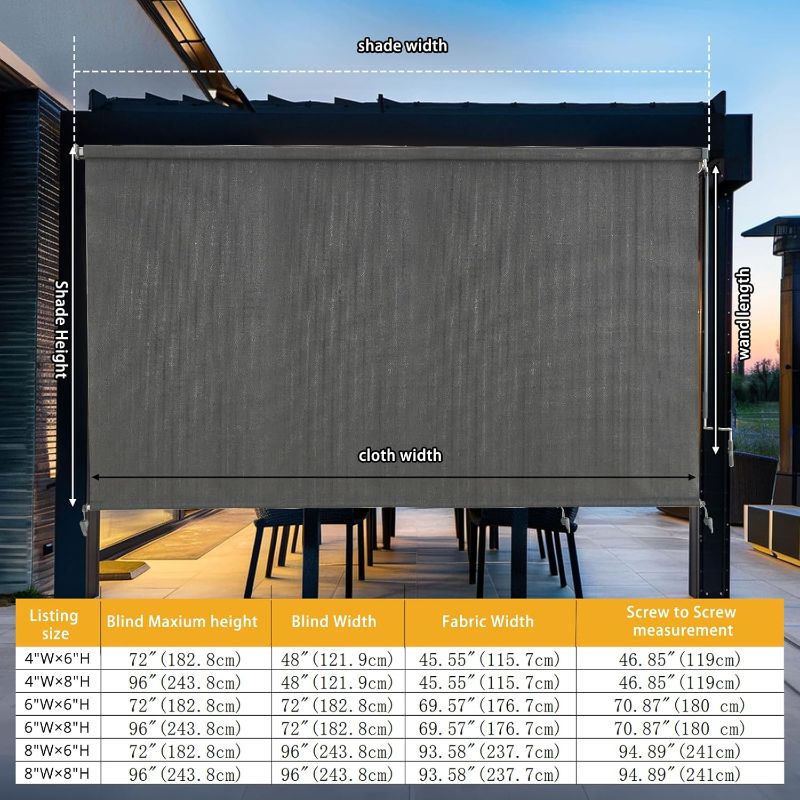Photo 1 of Outdoor Roller Shades?Cordless Patio Roller Up Blinds with Shade Cloth for Porch Gazebo Pergola Balcony Backyard?2 Poles & 1 Fabric?Grey?48" Wx72 H
