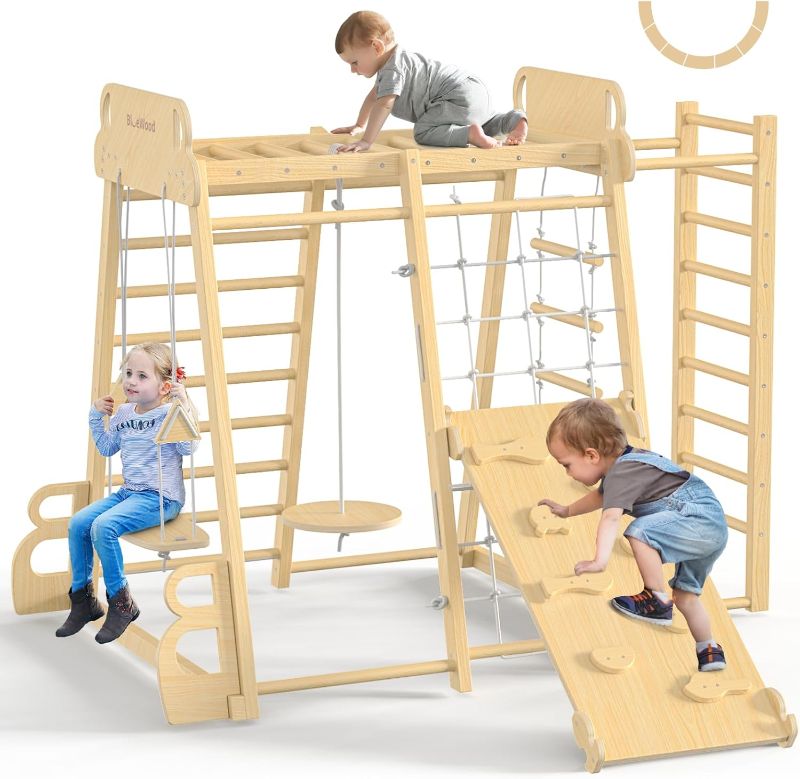 Photo 1 of Upgraded Indoor Jungle Gym 9-in-1 Playground Kids Climbing Toys, Montessori Philosophy Waldorf Style Wooden Climber Playset with Slide, Swing, Monkey Bars, Upright/Rope Ladder, Climb Net, Natural Wood
