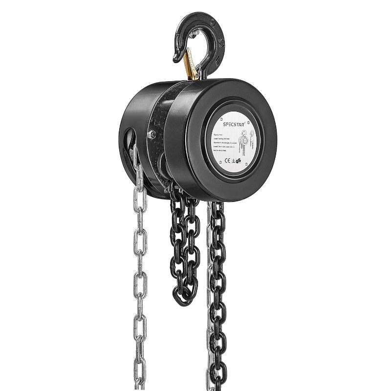 Photo 1 of SPECSTAR Hand Chain Hoist 2 Ton 4400 Lbs Capacity 10 Feet with 2 Heavy Duty Hooks, Manual Chain Fall for Warehouse Building Automotive Machinery Black
