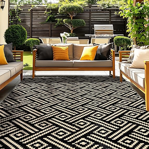 Photo 1 of OPPODREAM Outdoor Rug , Waterproof Outdoor Plastic Straw Rug for Patio, Reversible Out Door Carpet for Camping, Deck, Rv,Area Carpet for Balcony, Porch, Backyard, Black and Beige
