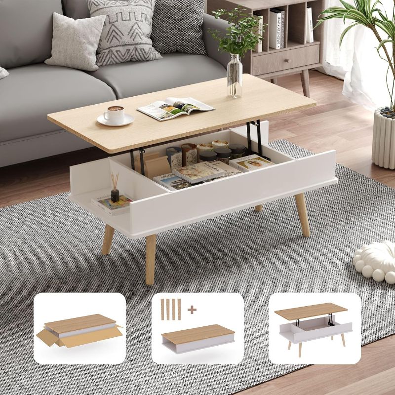 Photo 1 of Lift Top Coffee Table, One Minute No Assembly Required Rising Tabletop Center Table with Large Hidden Storage Compartment, Open Shelf, Anti-Pinch Design Mute for Living Room (Oak)

