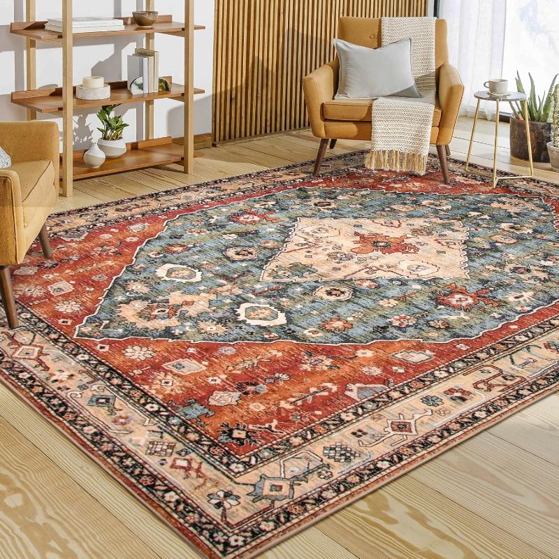 Photo 1 of Lahome Boho Tribal 9x12 Area Rugs for Living Room, 9 x 12 Washable Rug for Bedroom Aesthetic, Large Oriental Vintage Soft Dining Room Carpet for Under Table Playroom (Rust/Dull Teal,9x12ft)
