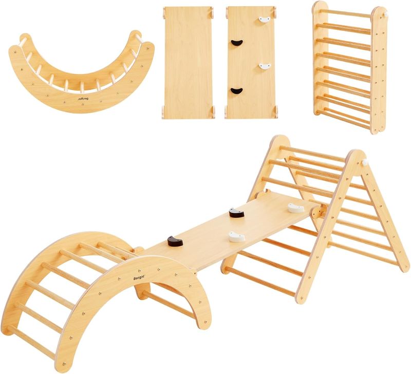 Photo 1 of Beright 5 In1 Pikler Triangle Gym, Foldable Climbing Triangle Ladder Toys with Ramp, Indoor Climbing Toys for Kids, Play Gym, Arch Climber, Rocker, Learning Waldorf Children Toy Structure, Natural
