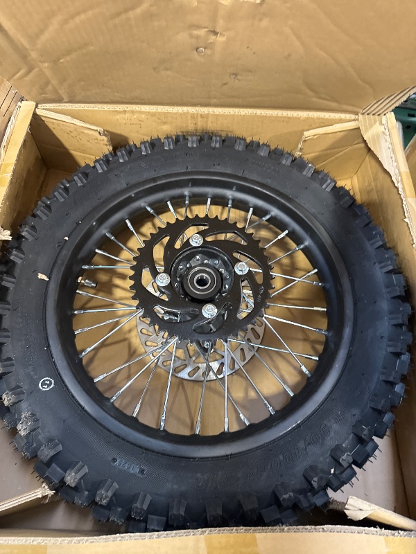 Photo 1 of 14'' Wheel 90/100-14 3.00-14 Dirt Bike Rear Tire Rim Assembly for RM80 RM85 KLX125 KX85 TT125 YZ80 TaoTao DB17 DB27 Off Road Pit Bike and 12mm Bearings Brake Rotor 428 Chain 41T Sprocket
