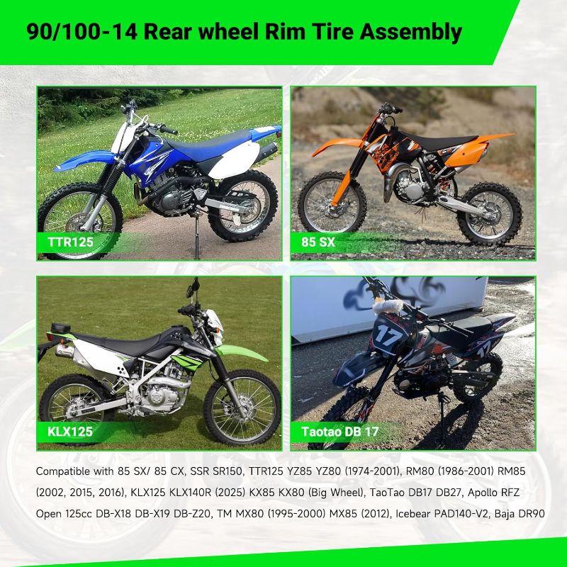 Photo 1 of 14'' Wheel 90/100-14 3.00-14 Dirt Bike Rear Tire Rim Assembly for RM80 RM85 KLX125 KX85 TT125 YZ80 TaoTao DB17 DB27 Off Road Pit Bike and 12mm Bearings Brake Rotor 428 Chain 41T Sprocket
