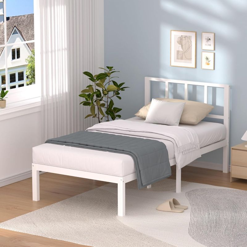 Photo 1 of Twin Bed Frame with Headboard 14" Bamboo Wood Platform Beds with Non-Slip Slats Support, Under-Bed Storage, Heavy Duty Bed No Box Spring Needed 8 Sturdy Legs Noise Free, White
