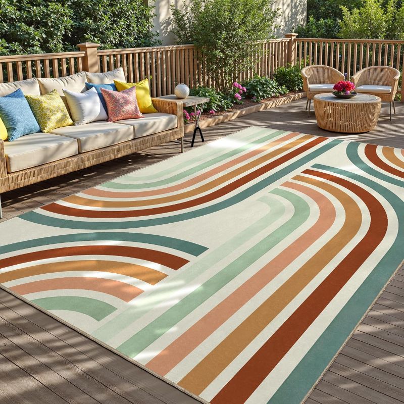 Photo 1 of Indoor Outdoor Area Rug, Mid Century Modern Multicolored Outdoor Patio Rug,Washable Abstract Art Rainbow Rugs Non-Slip Carpet for Camping, Bedroom, Deck(5x8)