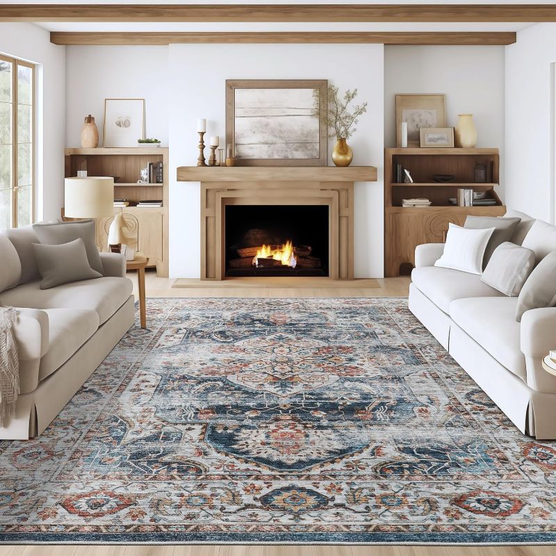 Photo 1 of Washable Rug 8x10 Area Rugs for Living Room - Stain Resistant Non-Slip Backing Rugs for Bedroom - Vintage Large Area Rug (Navy, 8'x10')
