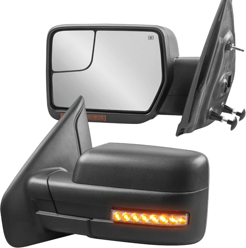 Photo 1 of Switchback Towing Mirror Compatible for 2004-2014 Ford F-150 New Body Style Power Heated Driver and Passenger Side Mirror w/Dynamic Turn Signal Puddle Light Black
