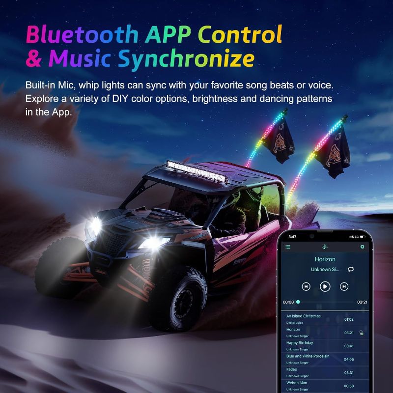 Photo 1 of 2 Pack 2FT Whip Lights with Spring Base,LED Whip Light with App & Remote Control, Spiral RGB Chasing Lighted Whips with Rocker Switch, Music Whip Light for UTV ATV Polaris RZR Can-Am SXS Truck
