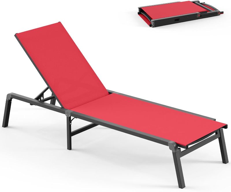 Photo 1 of Vexwalx Chaise Lounge Outdoor, Foldable Aluminum Pool Lounge Chairs with 5 Positions Recliner - Free Assembly - Patio Chaise Lounge Chair for Poolside, Beach, Yard (Red)