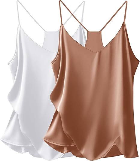 Photo 1 of Ekouaer Womens Satin Cami Tops 2 Pack V Neck Silk Camisole Tank Top Spaghetti Strap Racerback Camis Blouse Shirt Small