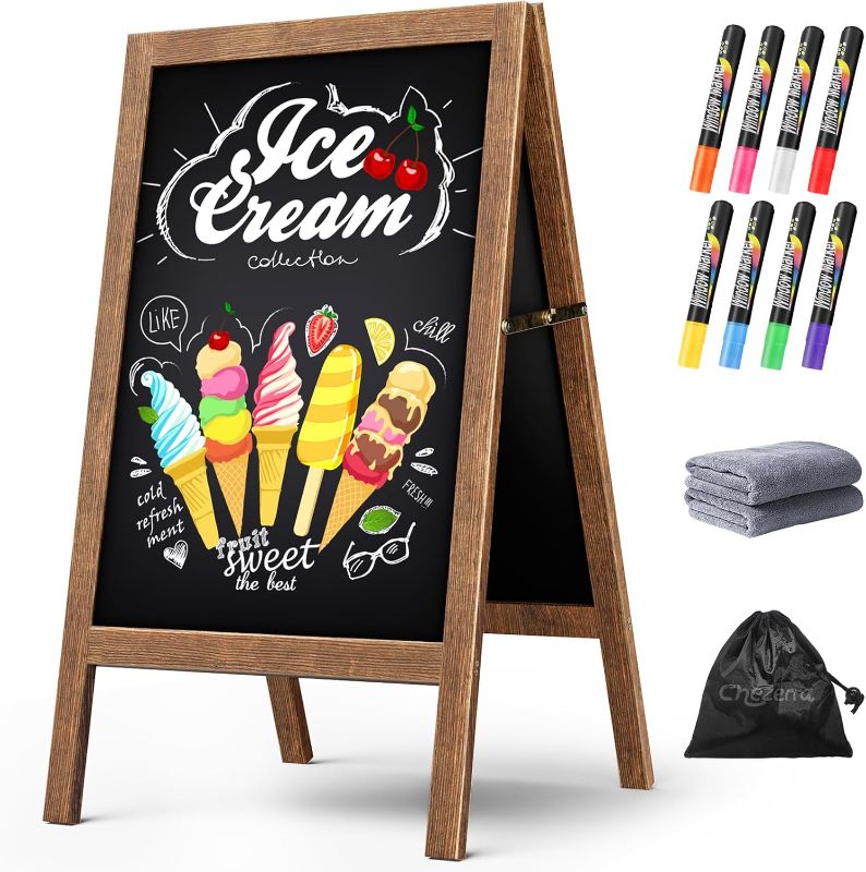 Photo 1 of A Frame Chalkboard Sign, 40"x20" Extra Large Sidewalk Chalk Board, Wooden Standing ChalkBoards Set with Markers, Double-Sided Magnetic Blackboard for Cafés, Weddings, Party Guide, Brown
