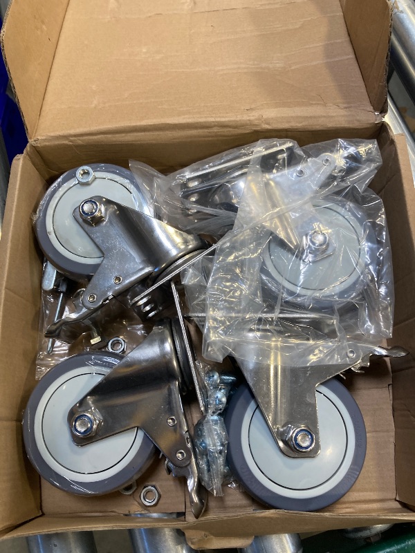 Photo 1 of 4 Inch Stainless Steel Caster Wheels with Brake, Heavy Duty 304 Casters Set of 4, Non-Marking TPR Quiet Wheels, 2300 lbs, Swivel for Furniture, Labs, Kitchens,Industrial with Hardware Kits