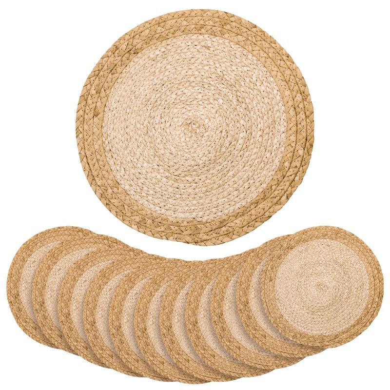 Photo 1 of 13 in Round Woven Placemats Plate Chargers Set of 12, Boho Farmhouse Rustic Place Mats for Dining Table Decor, Rattan Wicker Table Mats Braided Chargers for Dinner Plates