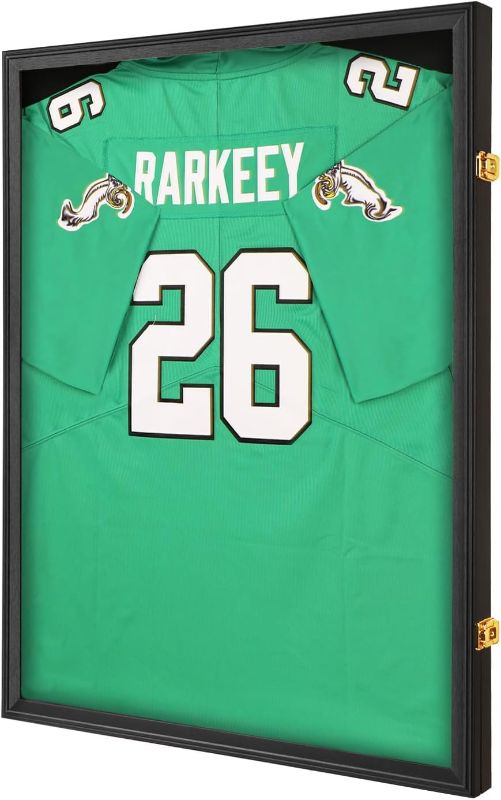 Photo 1 of Jersey Frame Display Case for Wall ,Large Lockable T-Shirt Shadow Box with Clear UV Protection Acrylic & Hangers for Football Basketball Baseball Soccer Hockey, Matte Black 1 Pack
