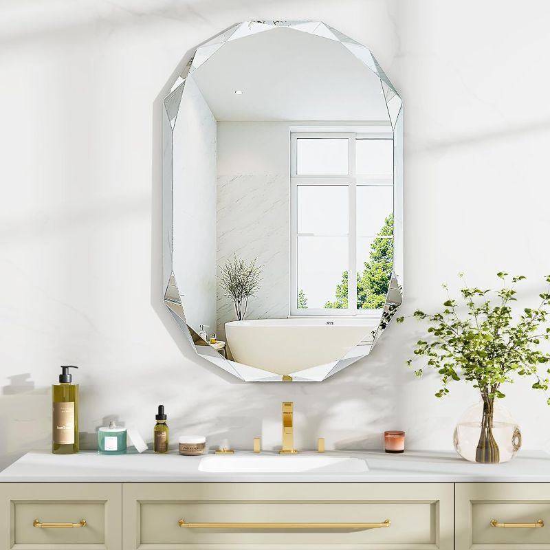 Photo 1 of Wall Mounted Bathroom Vanity Mirror, 24"x36" Single Beveled Edge Frameless Rounded Rectangle Mirror, Large Bathroom Mirrors for Over Sink, Living Room, Entryway, Hang Horizontally & Vertically
