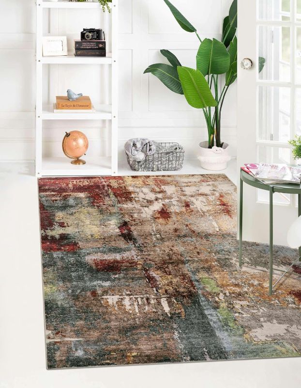 Photo 1 of  Modern Abstract 5x7 Area Rugs for Living Room, Washable Bedroom Rug Soft Non Slip Low Pile, Faux Wool Contemporary Carpet for Indoor Floor Decor Home Office Dining Room,Red/Multi
