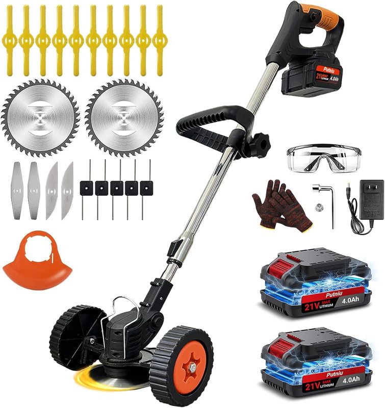 Photo 1 of Cordless Electric Weed Wacker with Wheels, 3-in-1 Lightweight Weed Eater/Brush Cutter/Grass Trimmer Battery Powered, Includes 21V 2×4.0Ah Batteries, 5 Types Blade & Charger, for Lawn Yard Garden