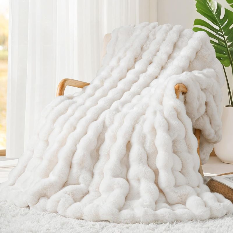 Photo 1 of Touchat Faux Rabbit Fur Throw Blanket 90X90 Cream White
