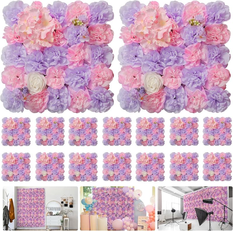 Photo 1 of Artificial Flower Wall Backdrop 16pcs 16.5x16.5 Inch 3D Silk Rose Floral Wall Panel Ideal for Wedding Celebrations, Festive Party Birthday Backdrops and Elegant Home Decor-Pink and Purple
