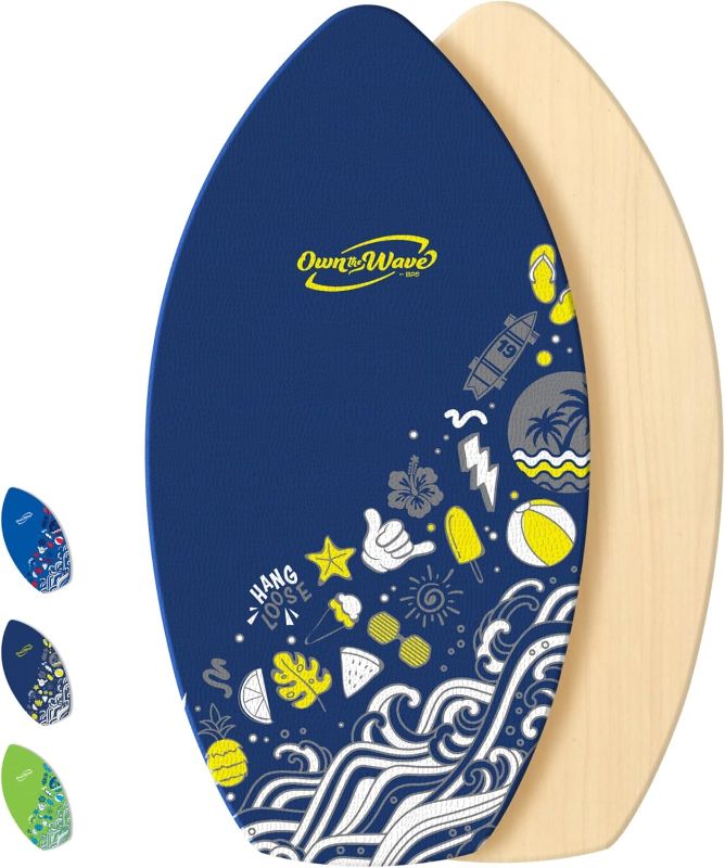Photo 1 of Own the Wave New Zealand ‘Hang Loose’ Skimboard with Colored EVA Grip Pad and High Gloss Clear Coat Wooden Skim Boards for Kids and Adults | Choose from 2 Sizes and Traction Pad Color
