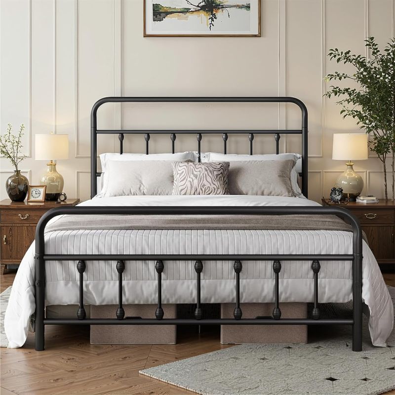 Photo 1 of Queen Bed Frame-Classic Metal Platform Bed Frame Mattress Foundation with Victorian Style Iron-Art Headboard/Footboard/Storage Space/No Box Spring Needed/Black
