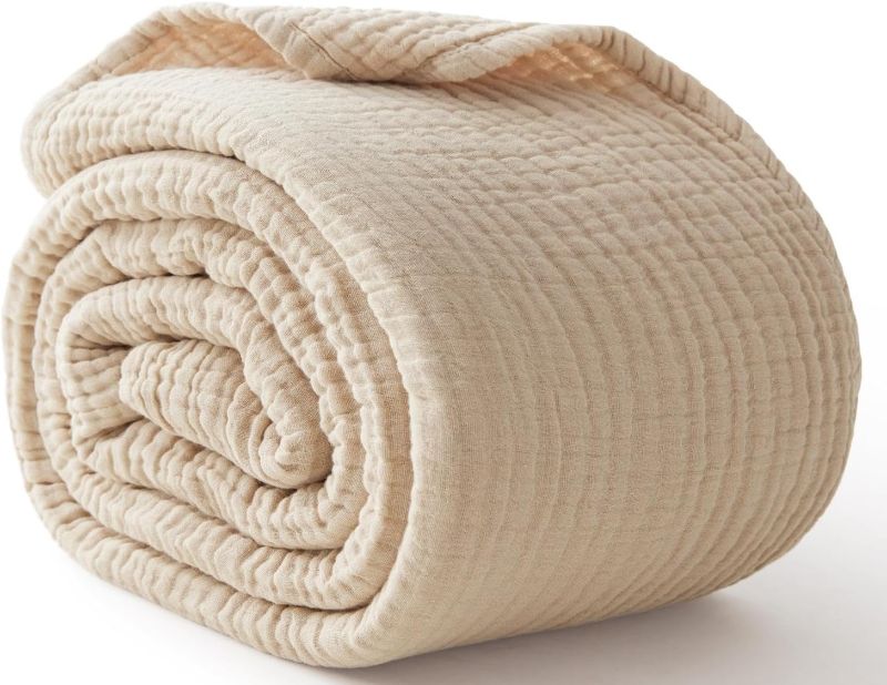 Photo 1 of 100% Cotton Muslin Blanket Queen 90" x 90", 6 Layers Breathable and Lightweight Cotton Throw Blanket for Bed, Soft Quilt Bedspread Coverlet, Gauze Blanket for Adults All Season, Beige Linen, Oatmeal

