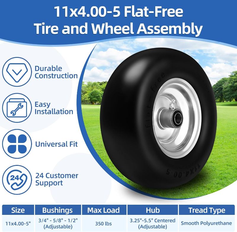 Photo 1 of Cliseve11x4.00-5 Flat-Free Lawn Mower Tires, Solid Smooth Tread with 3/4 & 5/8" Precision Bearings, Adjustable 3.4"-5.6" Centered Hub, Universal Fit for Zero-Turn Mowers & Outdoor Equipment, 2 Pack
