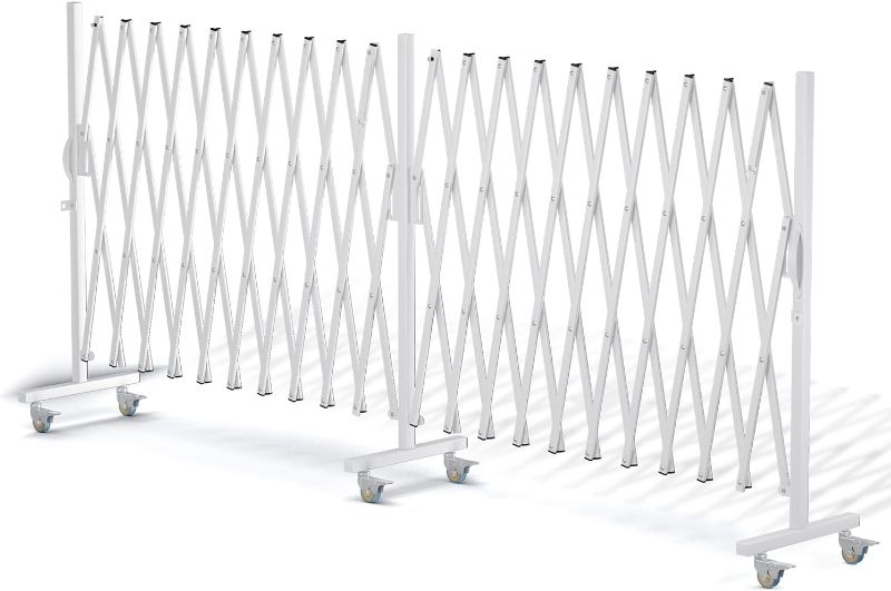Photo 1 of Expandable Barricade Gate,Accordion Garden Yard Outdoor Indoor Portable Folding Security Dog Fence Gates Wall Mount,200" Adjustable Metal Safety Barrier Gate with Casters,White
