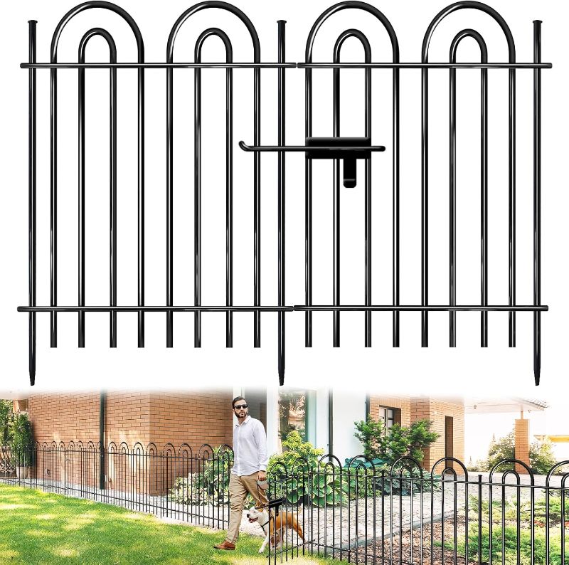 Photo 1 of 10 Panels Garden Tube Fence with Gate, 42in(H)×21.6ft(L) Tall No Dig Fence Animal Barrier, Heavy Duty Metal Decorative Garden Edging Border, Ground Defense Temporary Fencing for Outdoor Yard, Black
