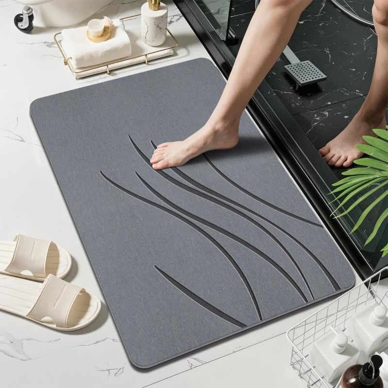 Photo 1 of Diatomaceous Earth Bath Mat, Fast Drying Non Slip Stone Shower Mat, Super Absorbent Stone Bath Mat for Bathroom & Kitchen, Multi-Use as Pet Mat, Easy to Clean 16"x24", Gray
