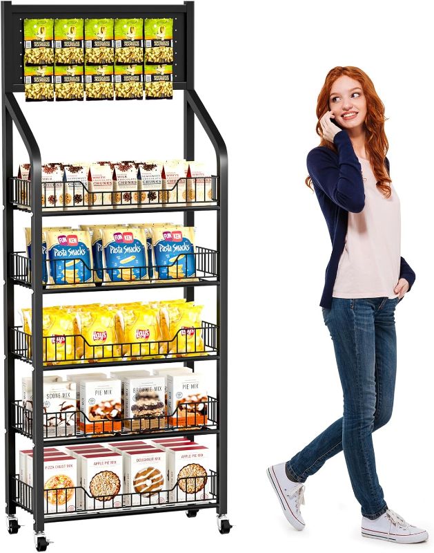 Photo 1 of 65" 5 Tier Snack Rack Display Stand with Hooks & Wheels, Metal Retail Display Shelf for Chips, Snacks, Candy, Metal Snack Shelf for Store Home Kitchen Store Organizer (60cm-Black)