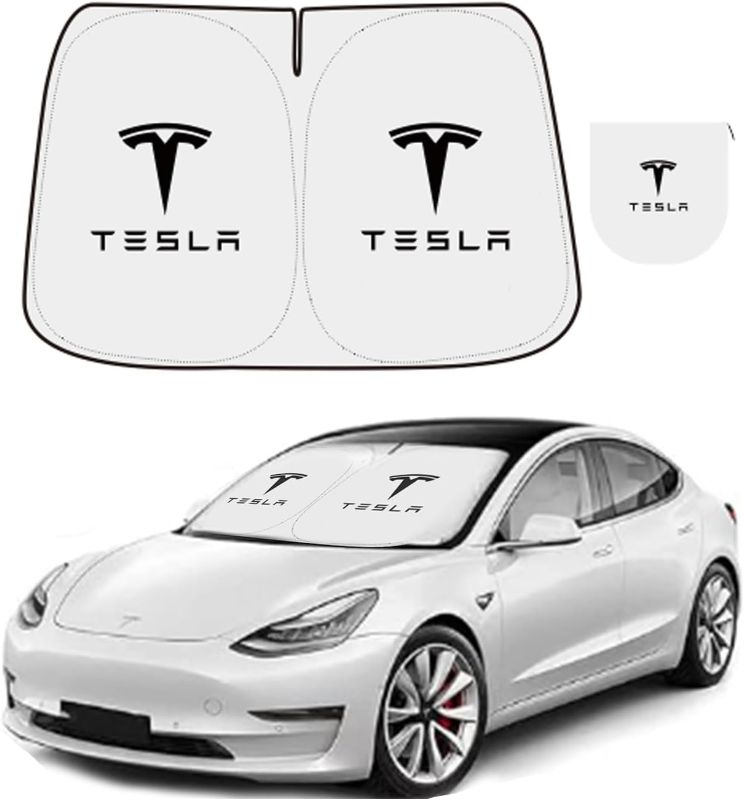 Photo 1 of 300T Sunshade for Tesla Model Y Model 3, Car Accessories 2025 for Tesla, Front Window Sunshade with Organizer Bag, Gifts for Tesla Owners (Black)