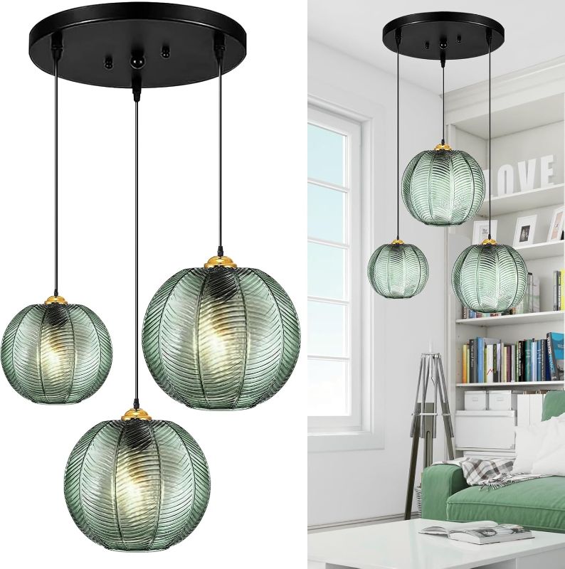 Photo 1 of GWY Green Pendant Light, 3 in 1 Large Glass Pendant Light Fixtures E26 E27 Mid Century Modern Chandelier Ribbed Blown Glass Globe Shade Hanging Light Ceiling Light for Living Room Restaurant Bar