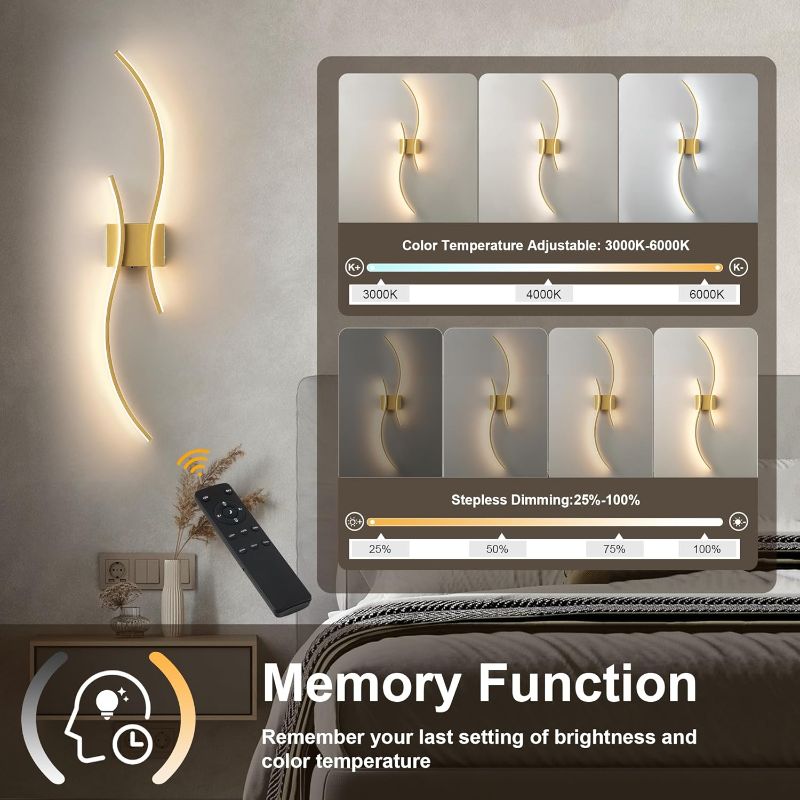 Photo 1 of Battery Operated Wall Sconces Set of Two with Remote Control, Stepless Colors 3000K-6000K & Dimming, LED Gold Wireless Wall Light for Living Room, Hallway, Bedroom, 39.3 Inch 