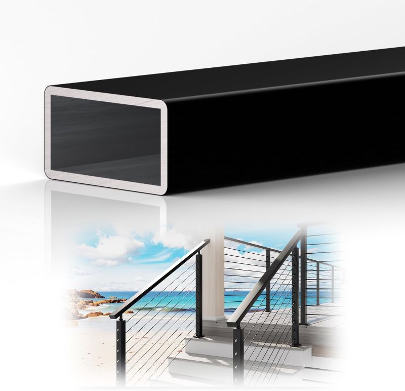Photo 1 of 1 Pack 4FTx 2-3/8"x1-3/16 Aluminum Black Handrail with Self Drilling Screws Nylon End Caps, Rectangular Handrail Cuttable Flat Top Rail for Deck Stair Railing Indoor Outdoor Cable Railing System