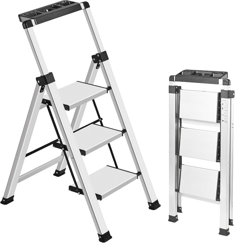 Photo 1 of XinSunho 3 Step Ladder, Retractable Handgrip Folding Step Stool Ladders with Anti-Slip Wide Pedal, Aluminum 3 Steps, 330lbs Safety Household Ladder
