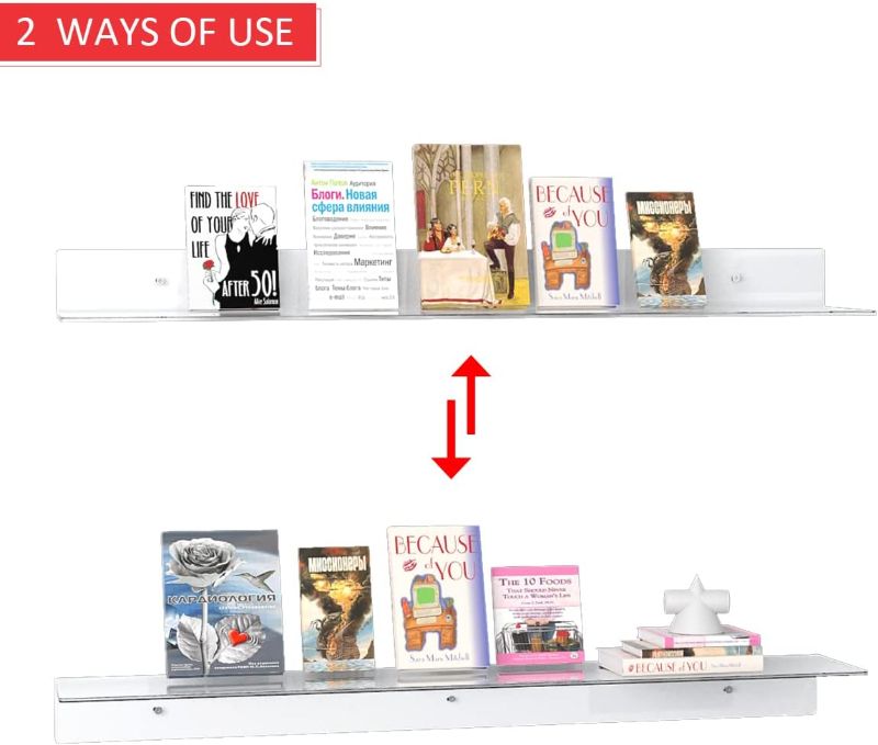 Photo 1 of 36 Inches Acrylic Wall Shelves 2 Pack, Floating Shelf for Wall Mounting, Acrylic Display Ledges for Funko Pop Figures, Home Décor, Living Room, Gaming Room, Plants(36 inch, Clear)

