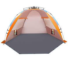 Photo 1 of Oileus Oileus X-Large 4 Person Beach Tent Sun Shelter - Portable Sun Shade Instant Tent for Beach with Carrying Bag, Stakes, 6 Sand Pockets, Anti UV for Fishing Hiking Camping, Waterproof Windproof, Orange