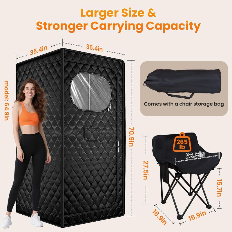 Photo 1 of Portable Sauna for Home, Upgraded Personal Steam Sauna Box with 3L 1300W Steamer, Folding Chair, Extra Large Size Foldable Home Sauna 3’X 3’X 5.9’, Full Body Sauna Tent for Relaxation Spa, Black