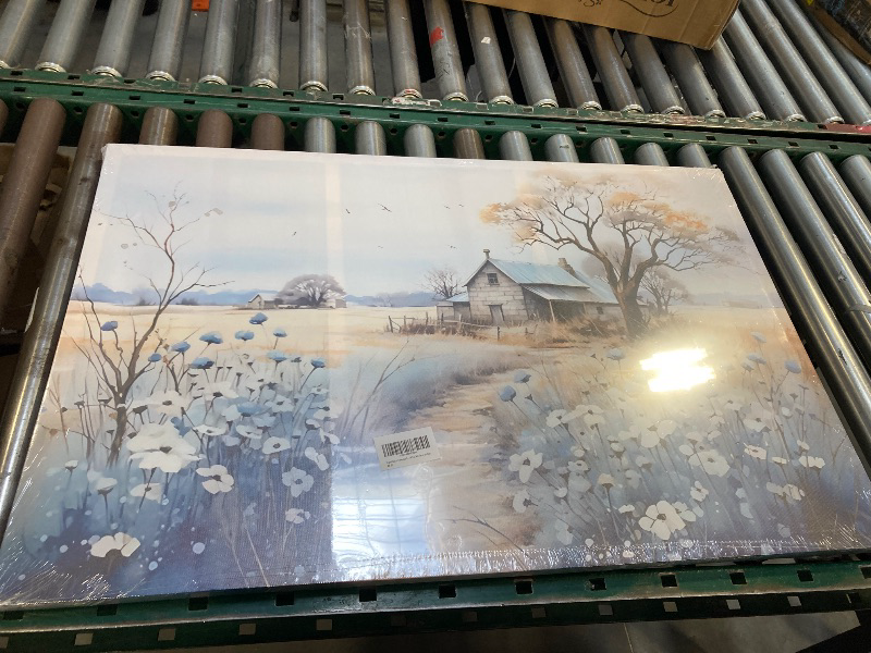 Photo 1 of Framed Rustic Farmhouse Canvas Wall Art Beautiful Field Painting Wildflower Barn Print Nature Scenery Picture French Countryside Poster for Bathroom Bedroom Living Room Office Wall Decor 24x36in